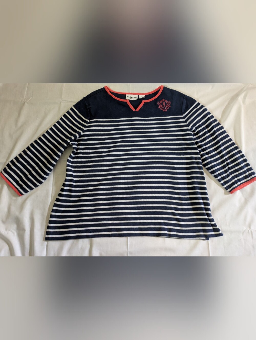 Embroidered Nautical Striped V-Neck 3/4 Sleeve Top